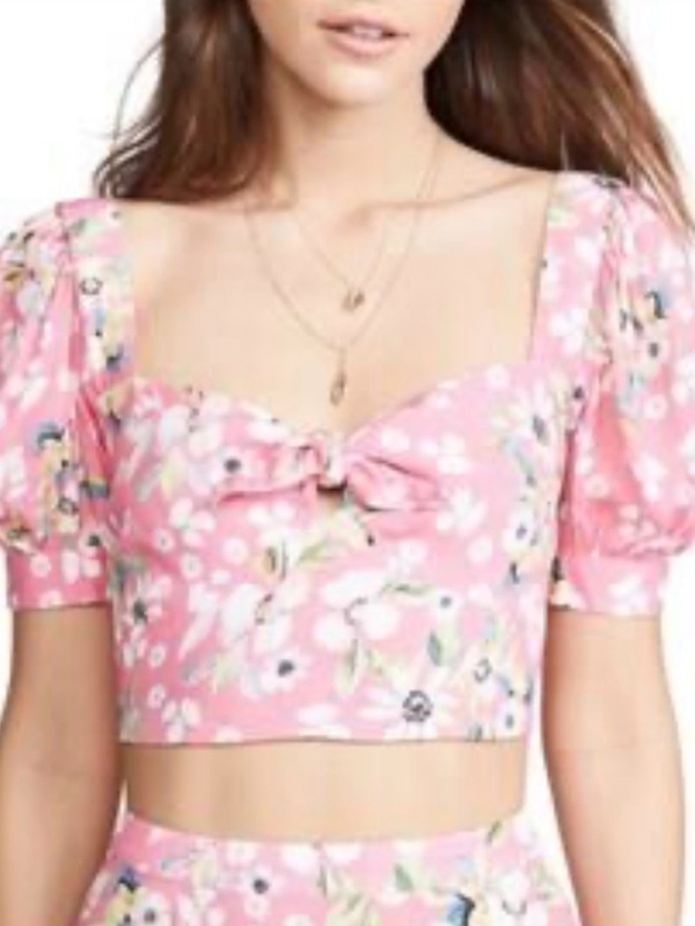 Floral Tie-Front Pink Crop Top Yumi Kim size medium puff sleeve open keyhole